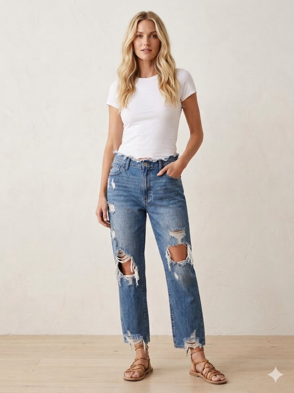 KanCan High Rise Thrashed Distressed Edgy Raw Cut Waist Hem Straight Jeans 30